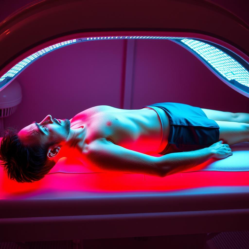 Athlete using red light therapy for muscle recovery