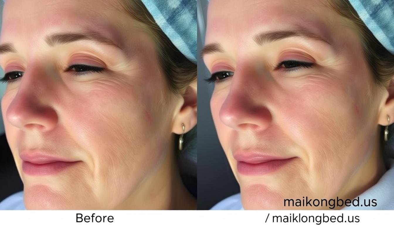 Before and after results from LED Bed therapy showing skin improvement