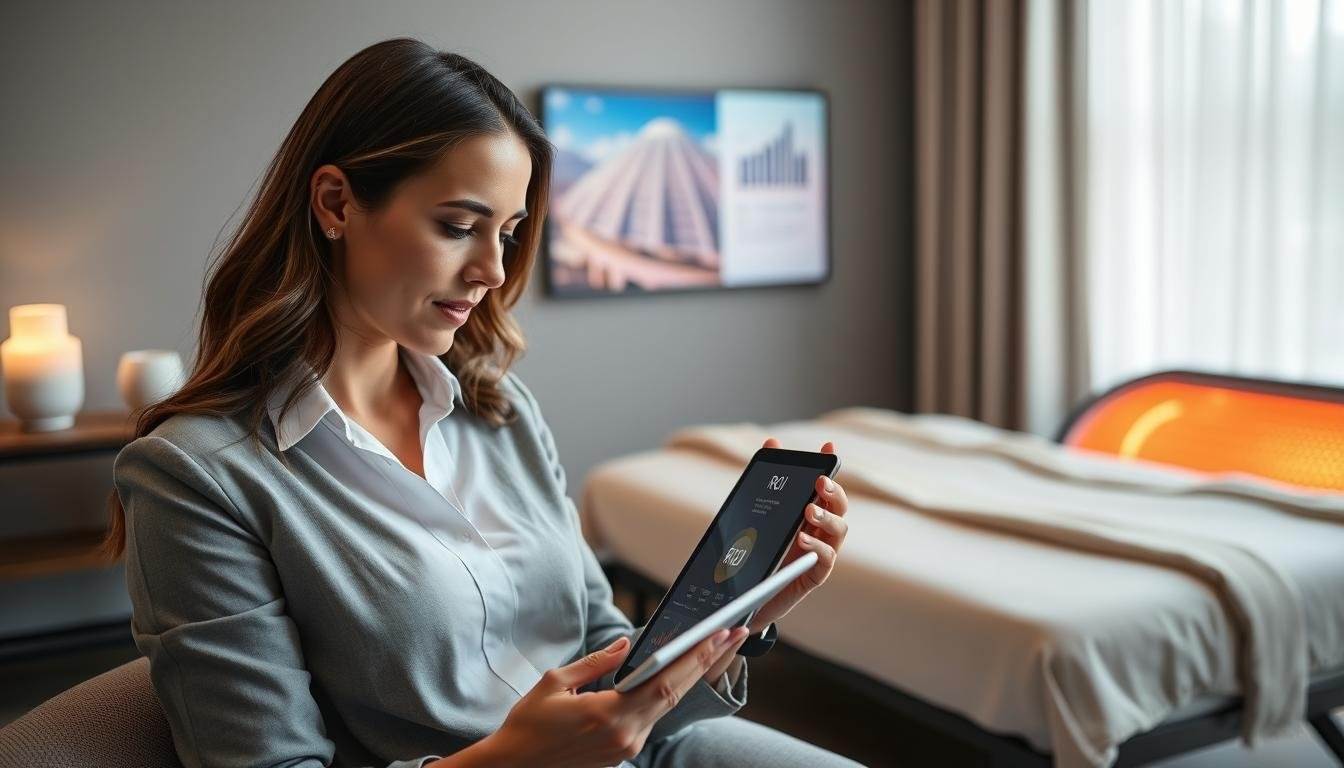 Business owner calculating ROI on Infrared Bed investment