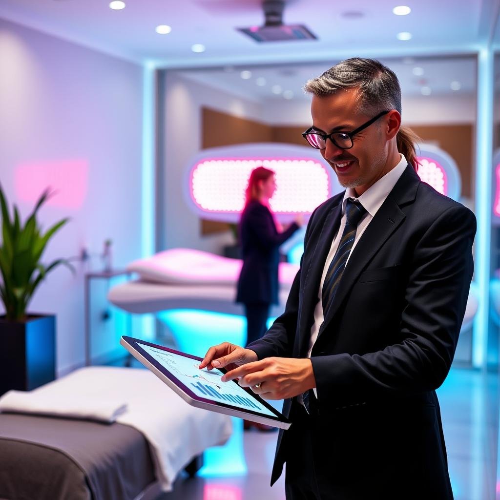 Business owner calculating profit margins from red light therapy services