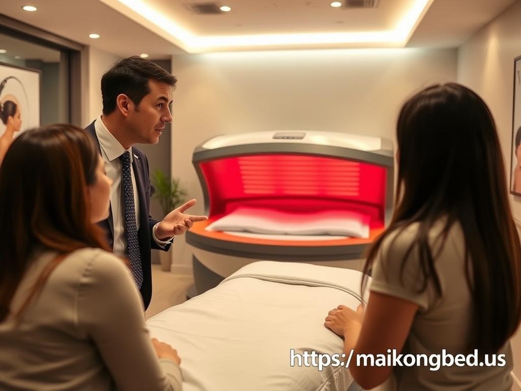 Business owner discussing infrared bed benefits with clients
