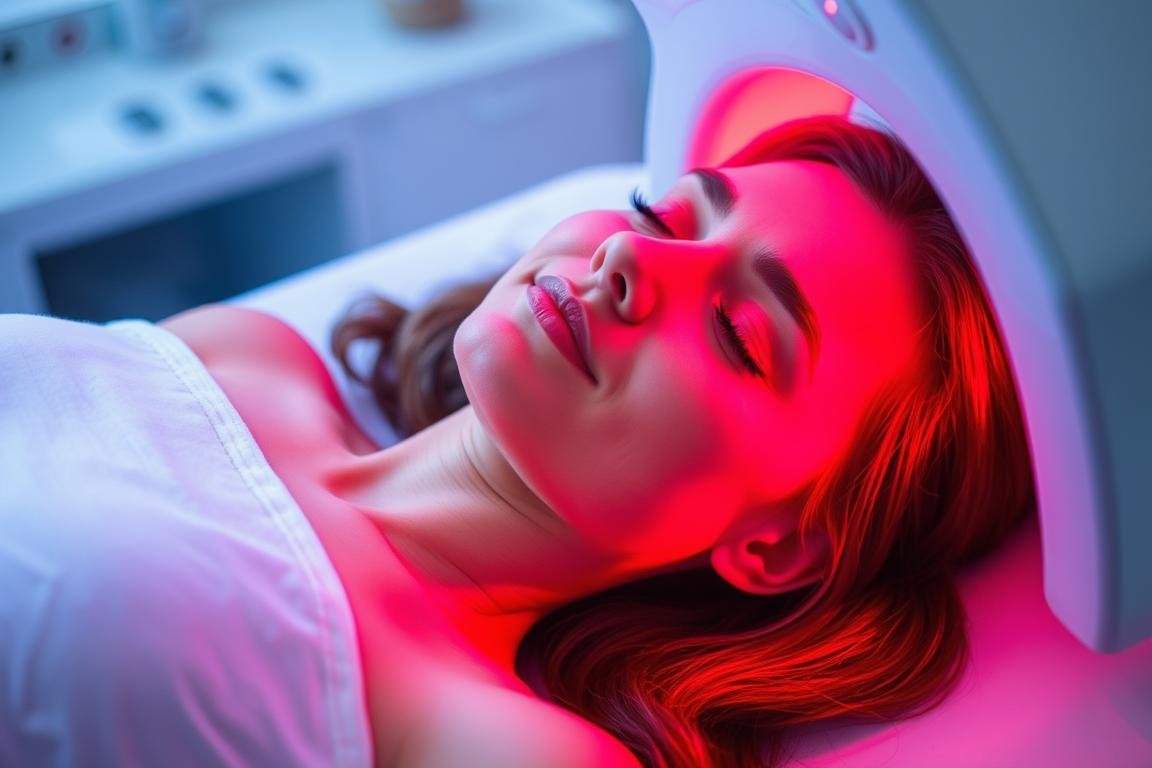 Client experiencing Infrared Bed therapy with visible red light