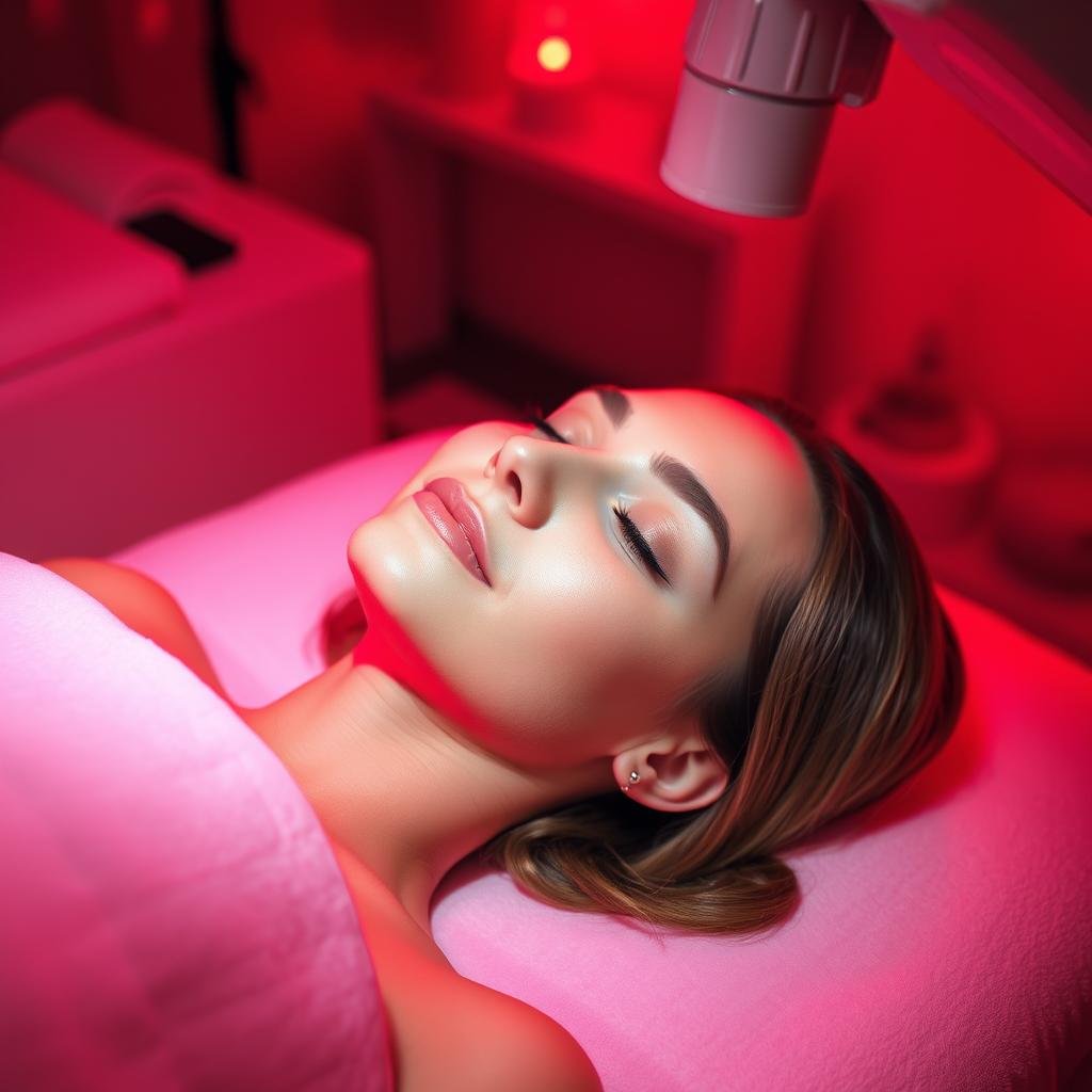 Client experiencing therapeutic benefits of red light therapy
