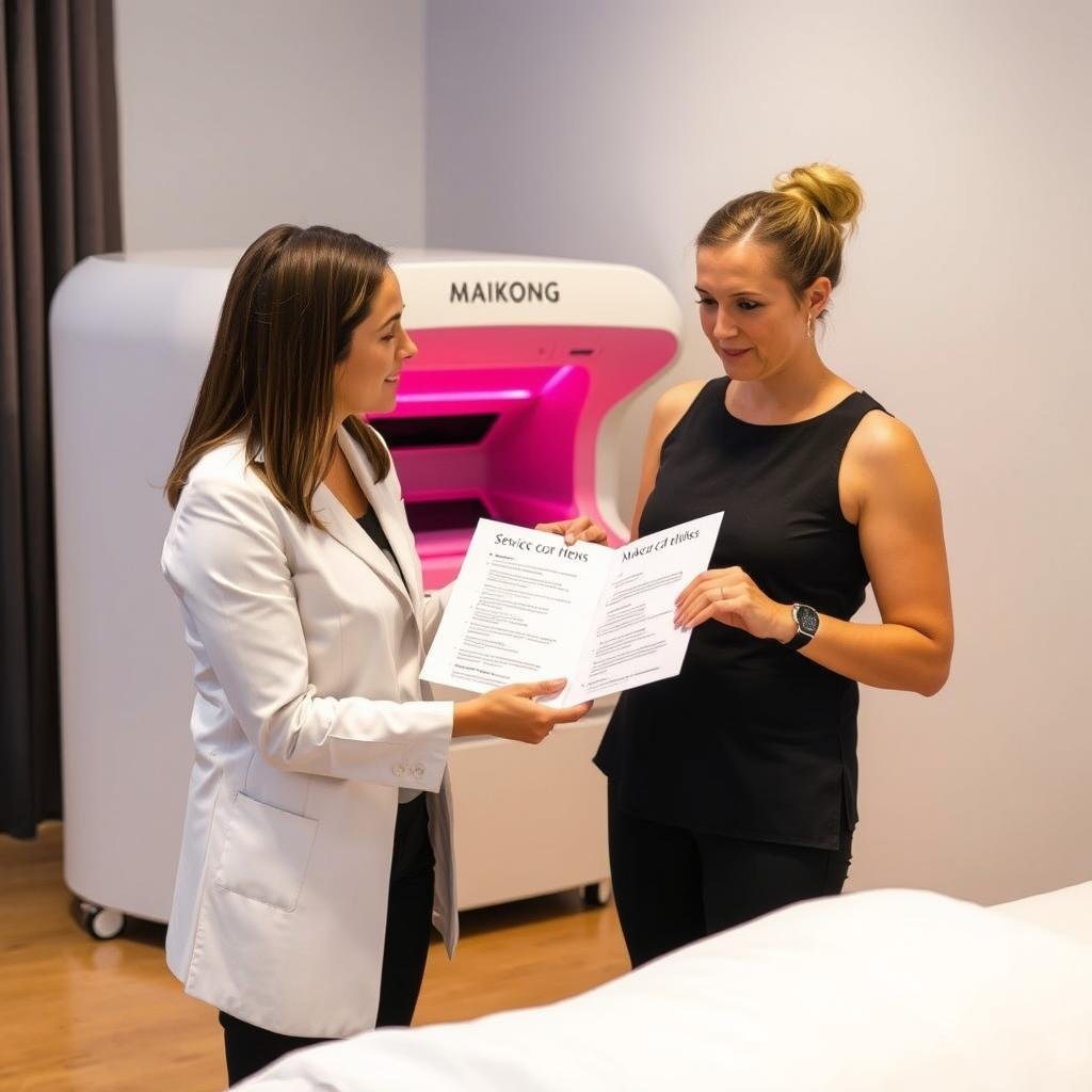 Client receiving consultation about MAIKONG Red Light Therapy Bed treatment options Client receiving consultation about MAIKONG Red Light Therapy Bed treatment options