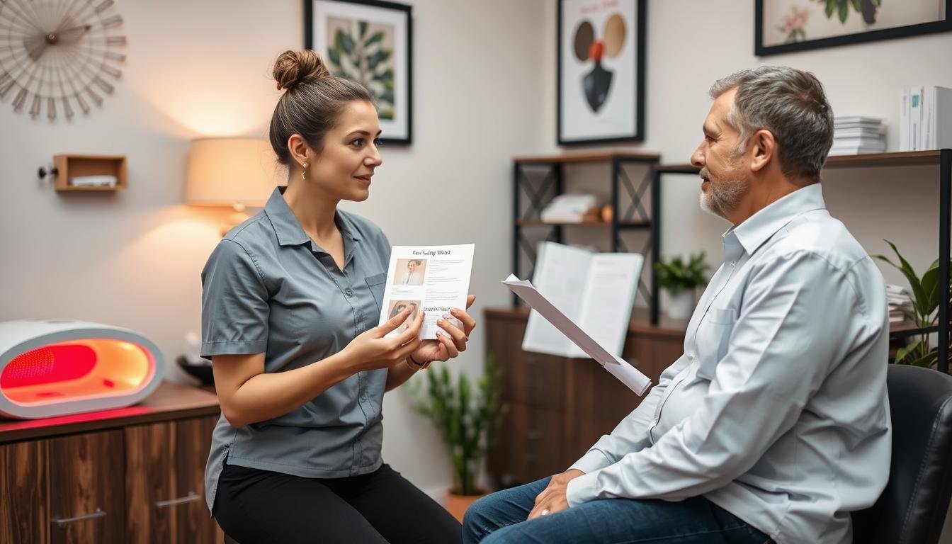 Client receiving consultation about red light therapy benefits