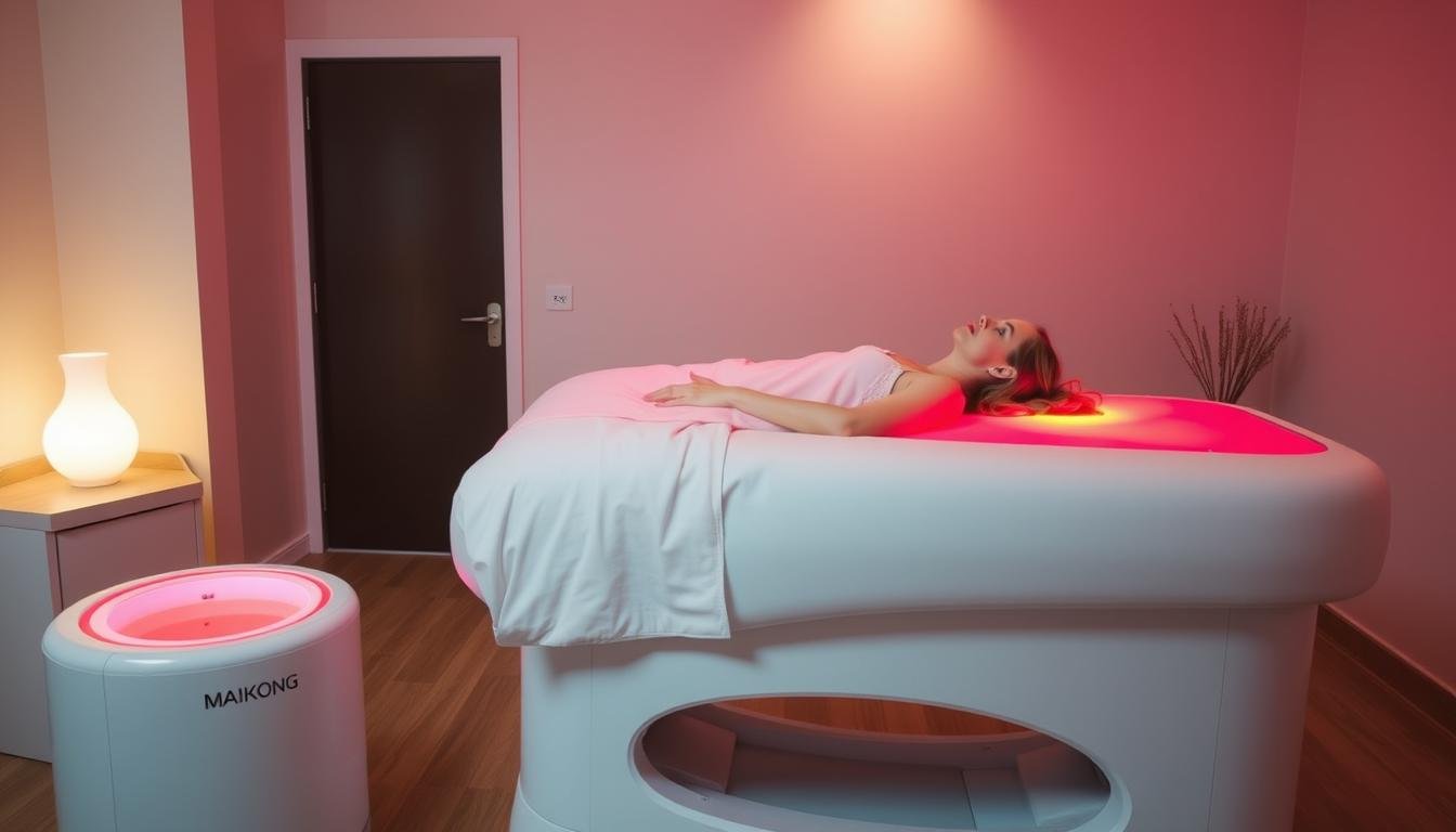 Client receiving treatment on a MAIKONG Red Light Therapy Bed in a wellness center Client receiving treatment on a MAIKONG Red Light Therapy Bed in a wellness center