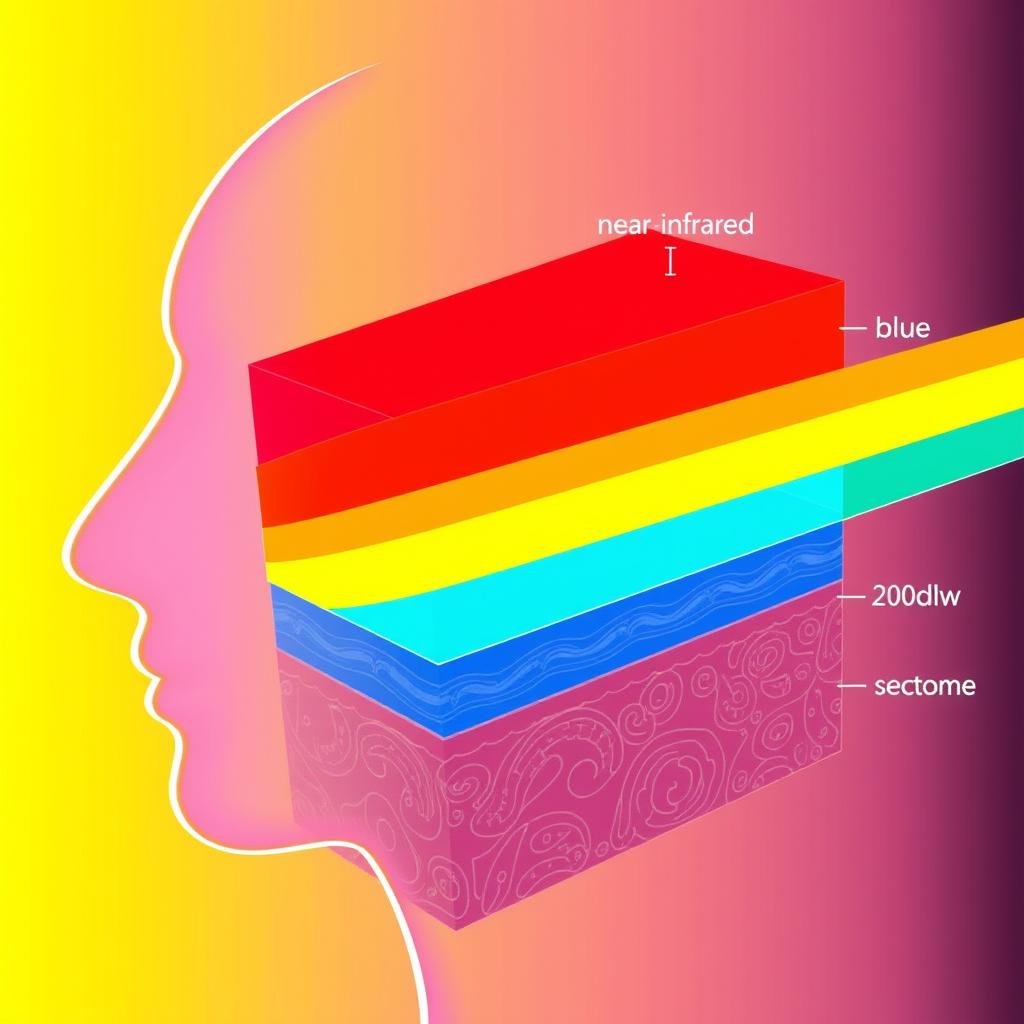 Diagram showing different light wavelengths penetrating skin layers