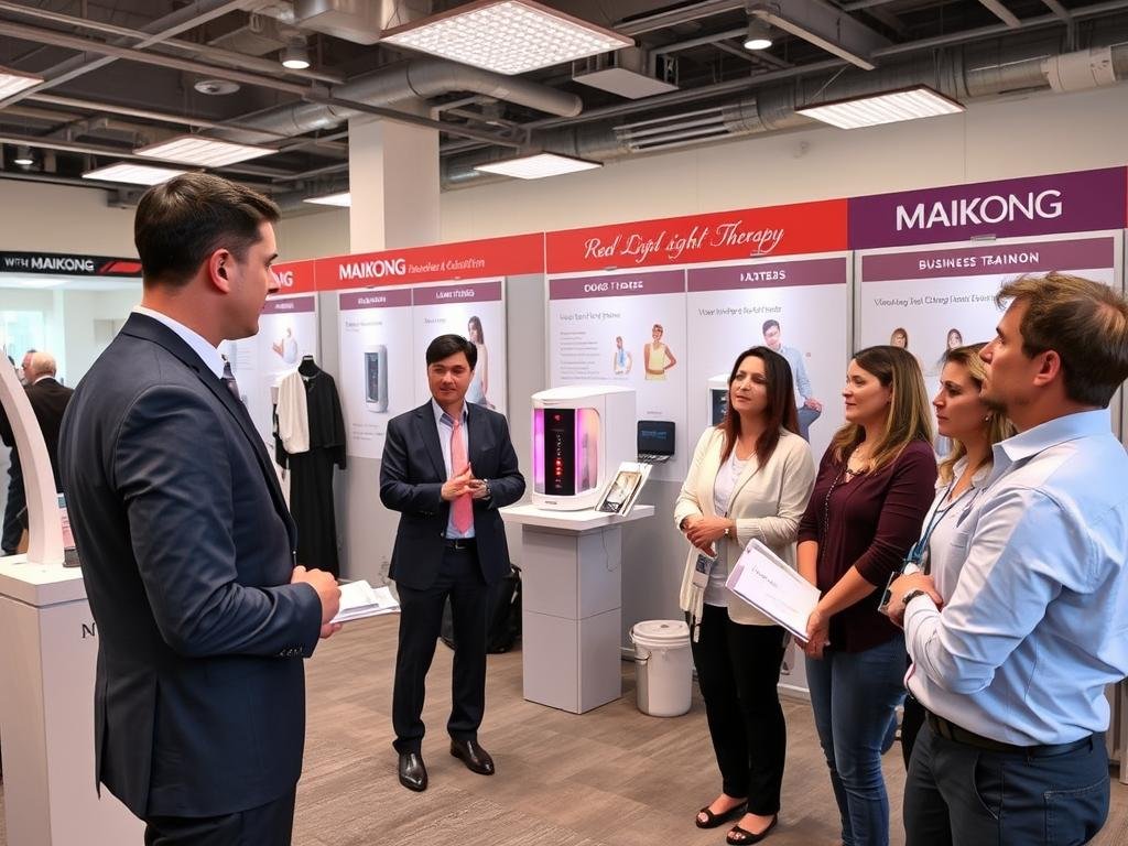 MAIKONG distributor training session with red light therapy equipment