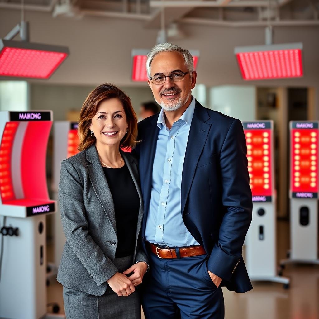 MAIKONG distributors in their showroom with red light therapy equipment