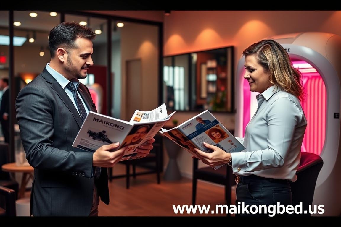 MAIKONG sales representative discussing red light tanning bed options with salon owner