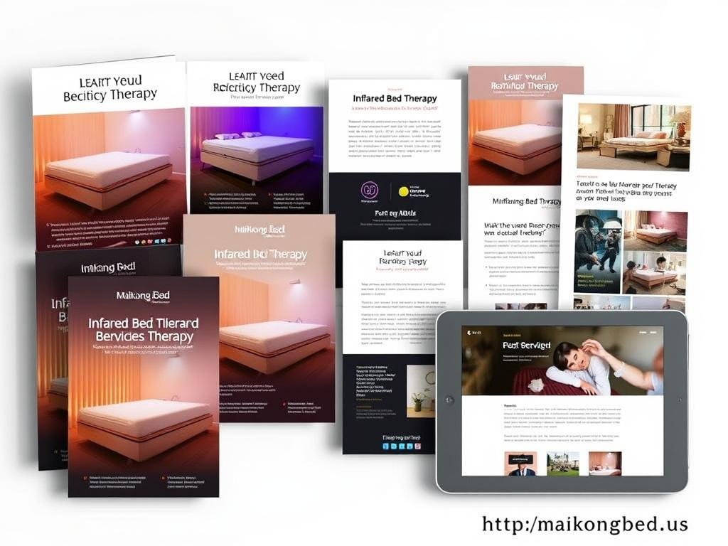 Marketing materials for infrared bed therapy services including brochures and digital content