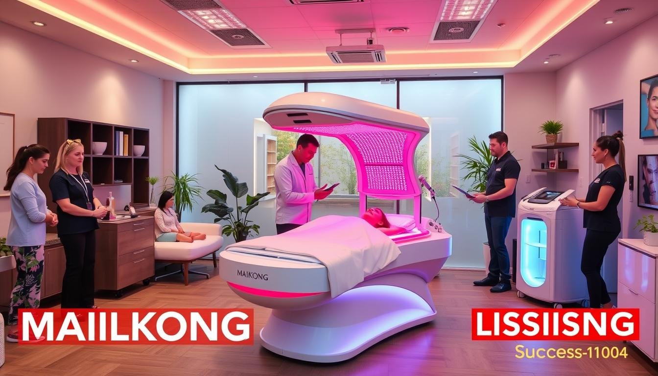 Modern wellness center featuring MAIKONG Red Light Therapy Bed as a centerpiece treatment Modern wellness center featuring MAIKONG Red Light Therapy Bed as a centerpiece treatment