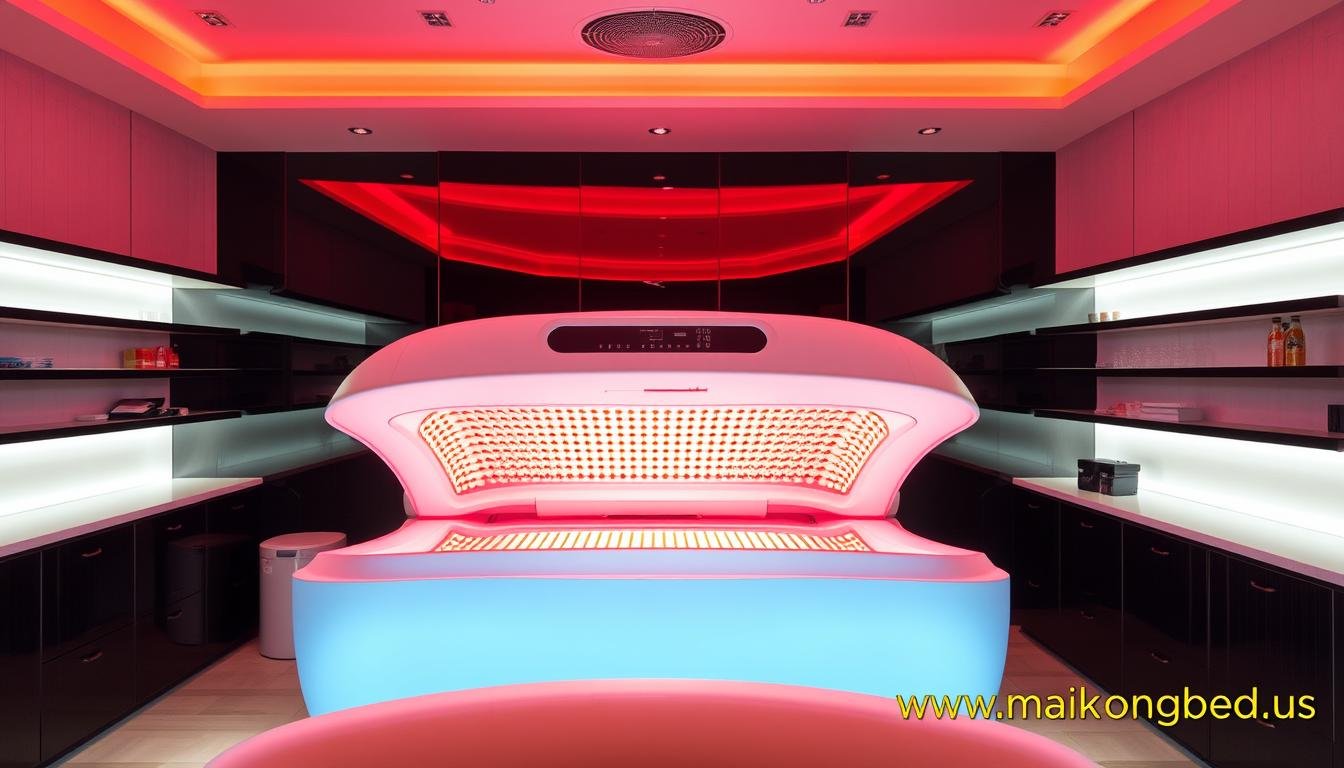Red light tanning bed emitting therapeutic red wavelengths in a modern salon setting