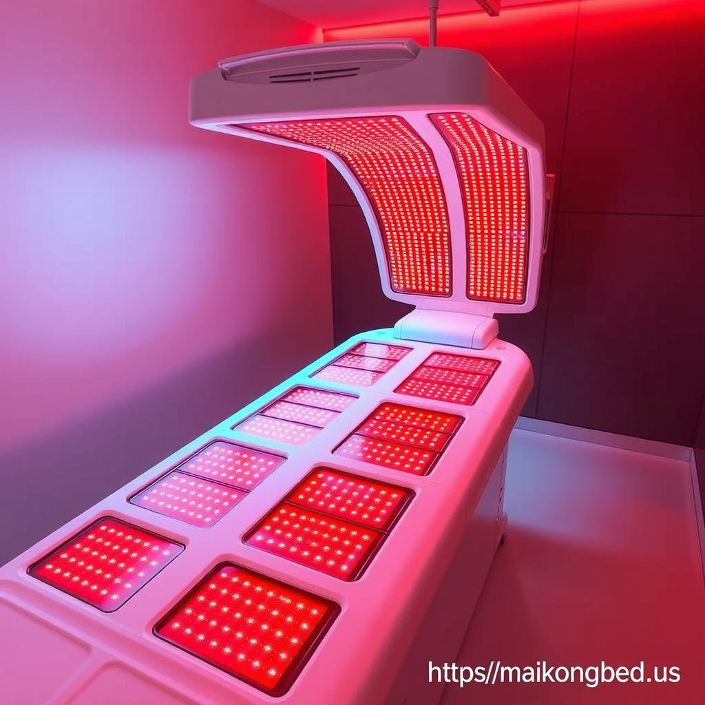 Red light therapy bed with visible red illumination