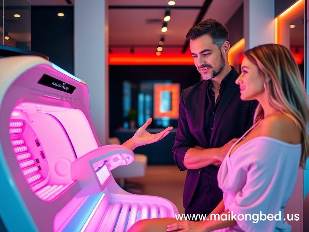 Salon owner discussing red light therapy benefits with a satisfied client