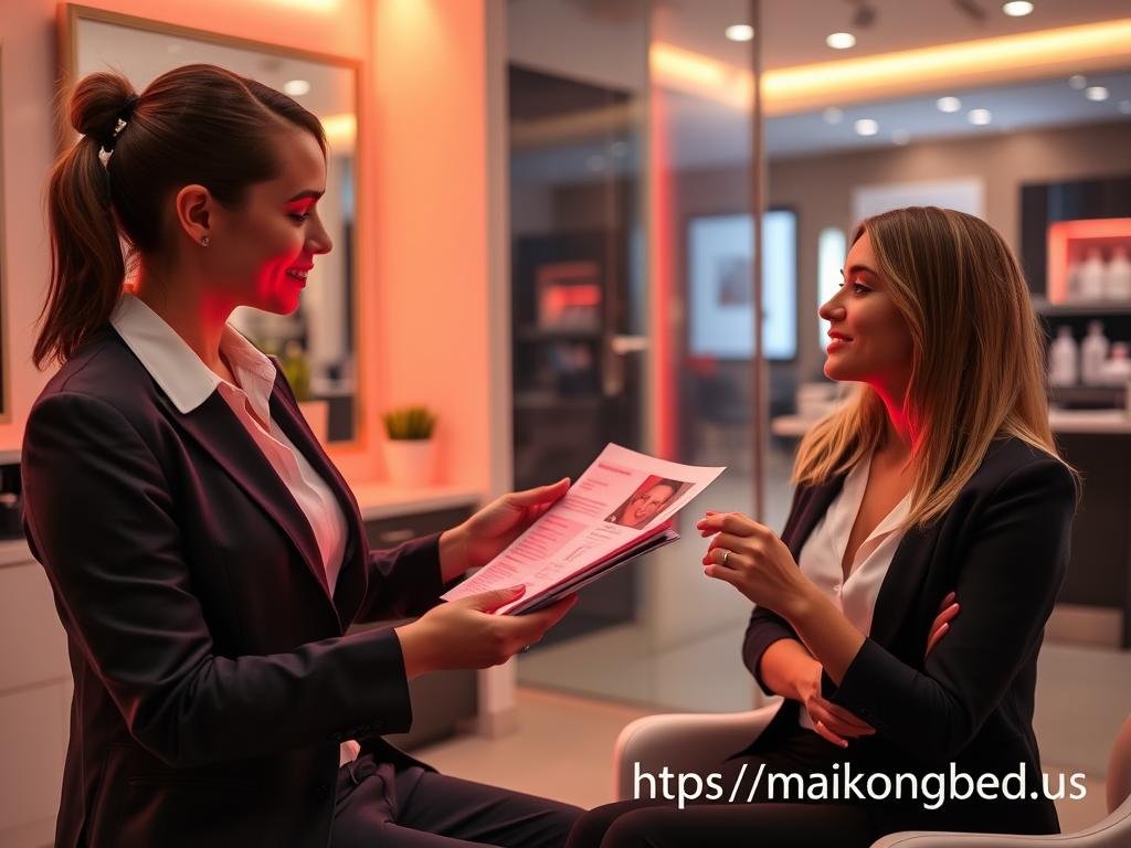 Salon professional answering client questions about red light therapy benefits
