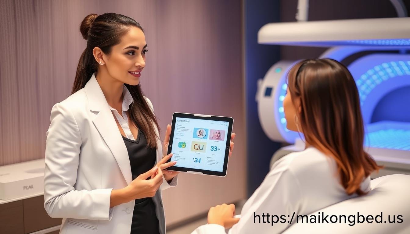 Spa owner discussing LED Bed treatment options with a client