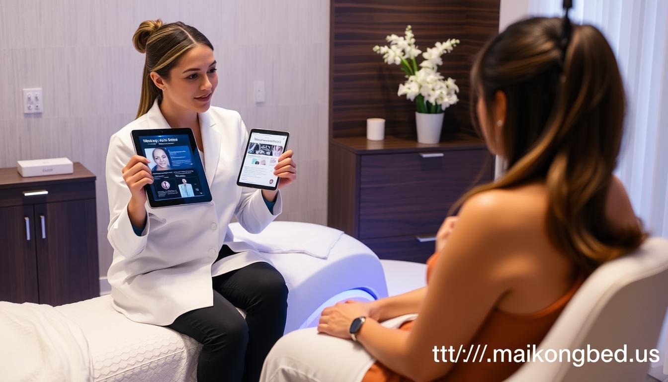 Spa therapist explaining LED Bed treatment benefits to client