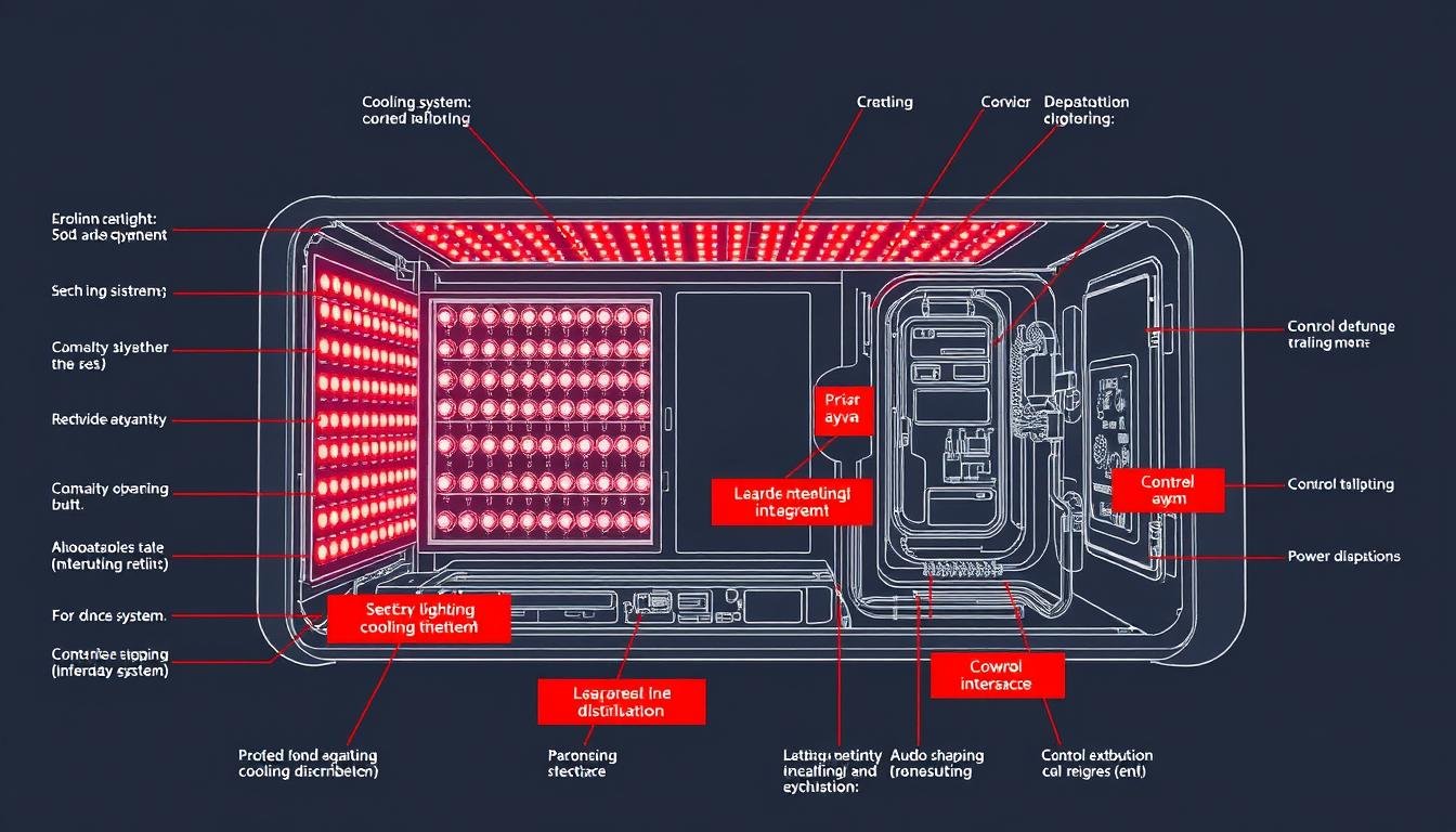 Technical diagram of red light therapy bed components