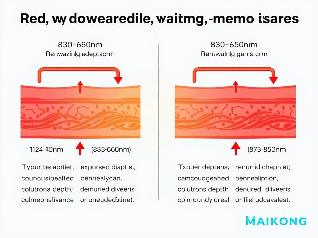 Technical diagram showing MAIKONG red light therapy wavelength penetration