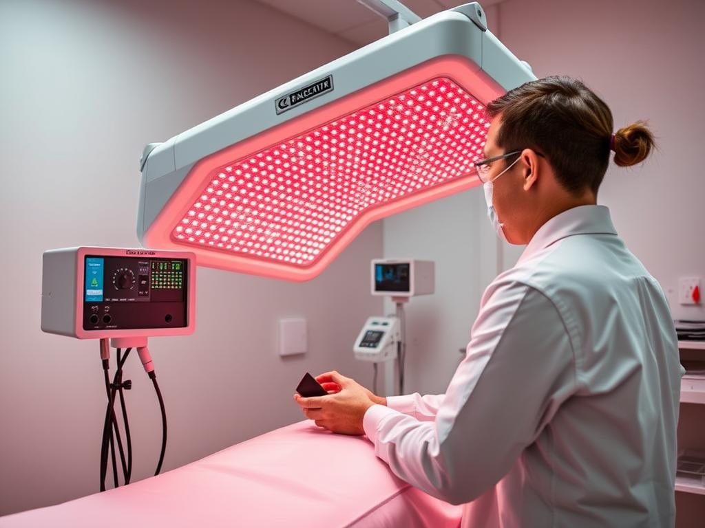 Technician performing maintenance on red light therapy bed