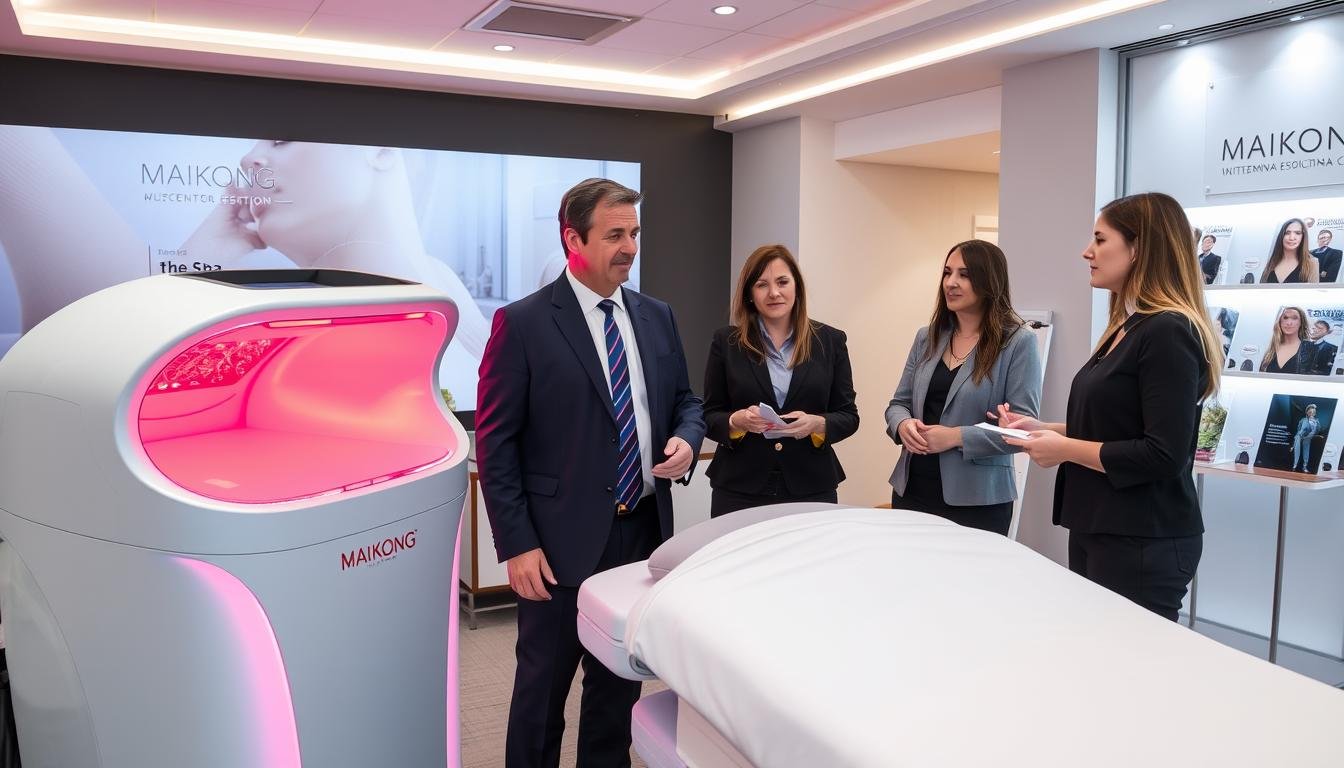 US distributor showcasing MAIKONG Red Light Tanning Bed to spa clients