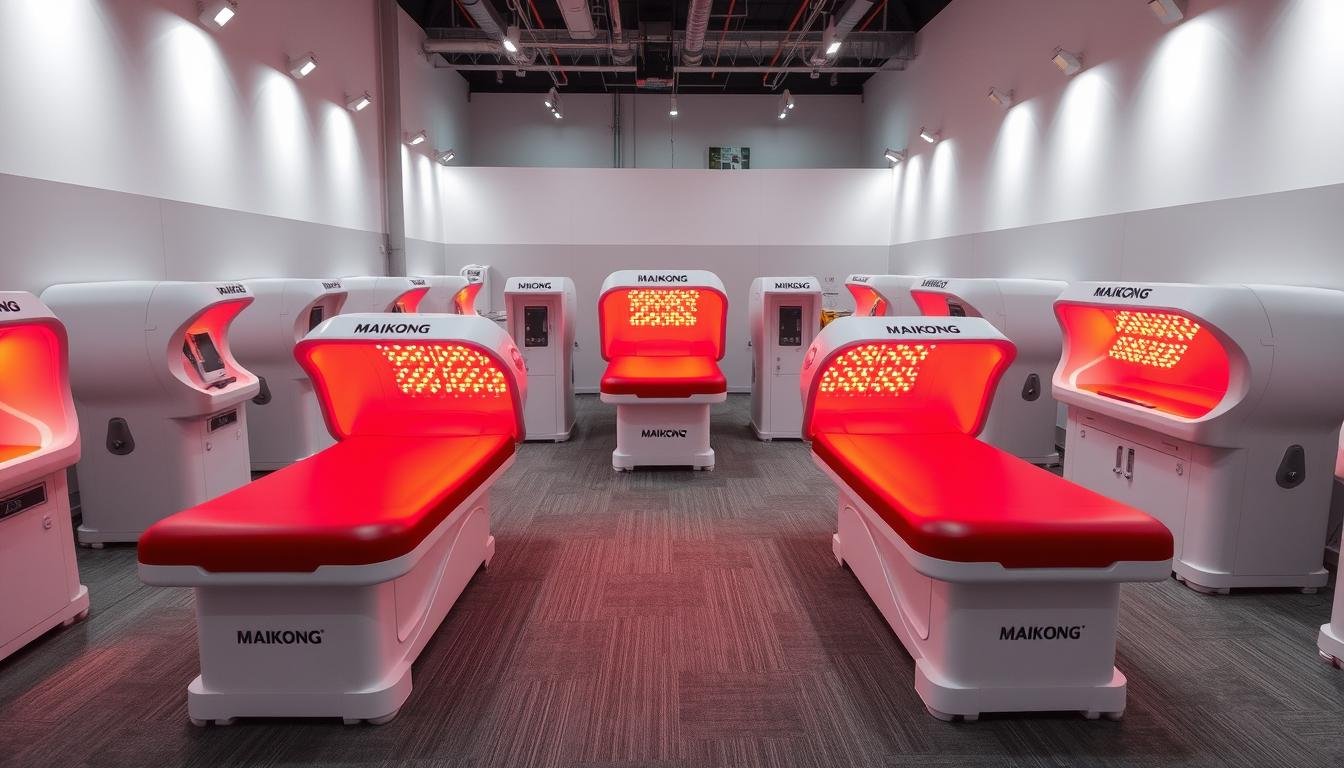 Various MAIKONG Red Light Therapy Bed models displayed in a showroom setting Various MAIKONG Red Light Therapy Bed models displayed in a showroom setting