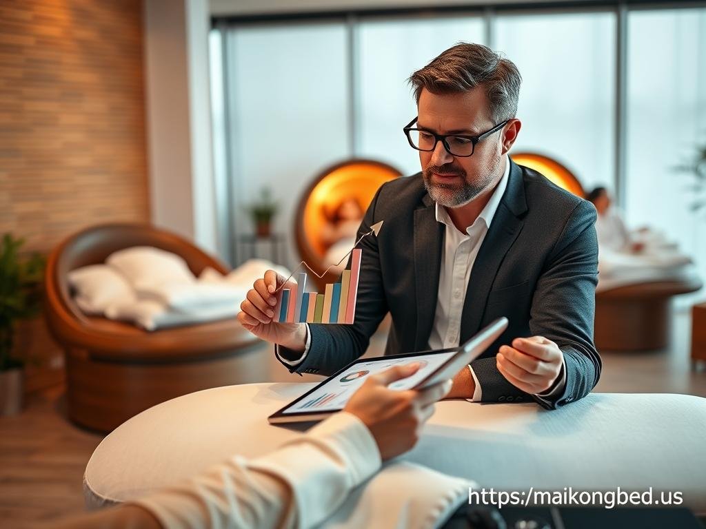 Wellness center owner analyzing business growth charts after adding infrared bed services