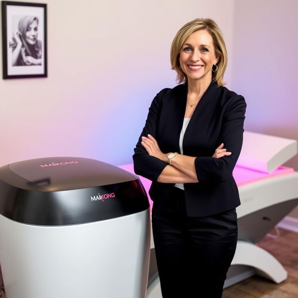 Wellness center owner standing next to her MAIKONG red light therapy bed