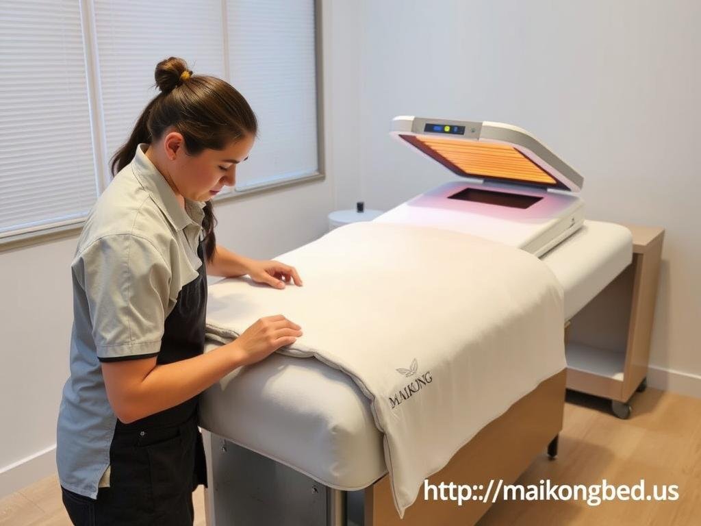 Wellness center staff performing maintenance on MAIKONG infrared bed