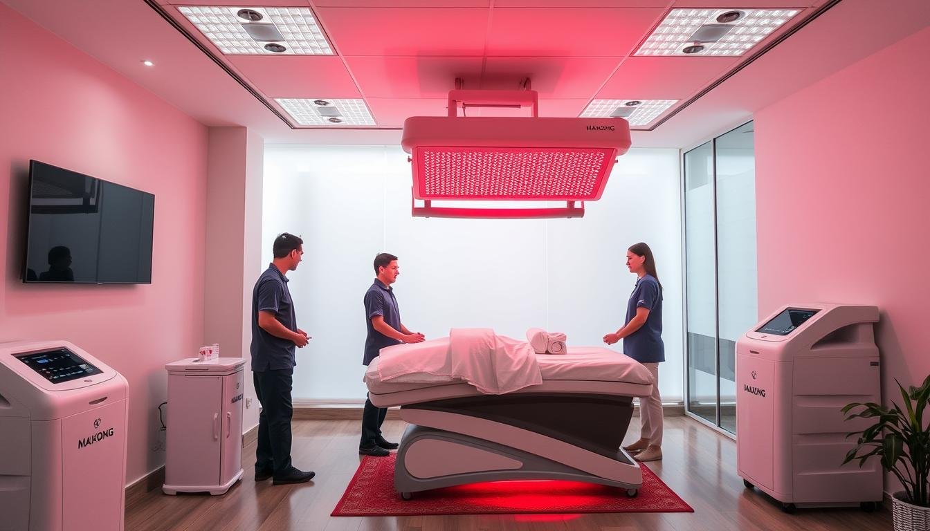 Wellness center with red light therapy bed and satisfied clients