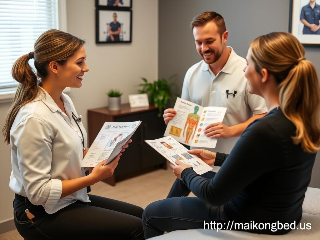 Wellness professional explaining infrared bed benefits to client using educational materials