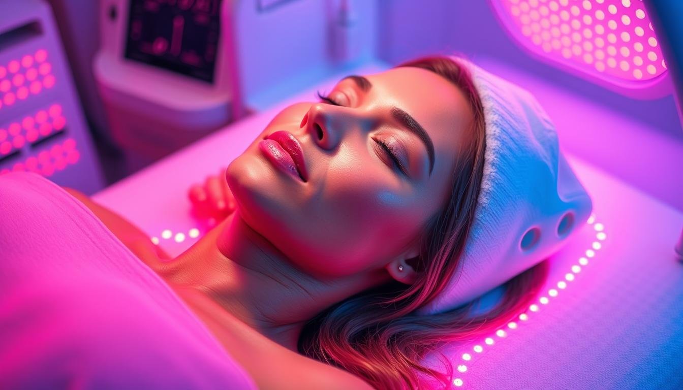 Woman experiencing the Benefits of a Red Light Bed for anti-aging skin treatment