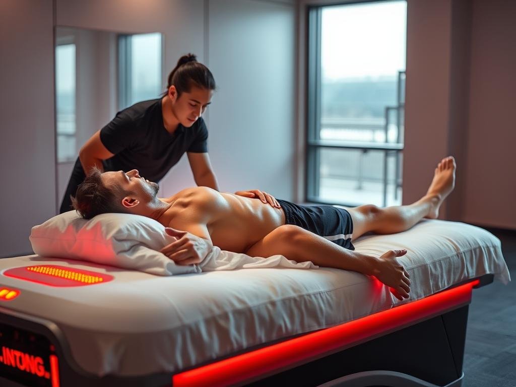Athlete using MAIKONG Infrared Bed for recovery after training