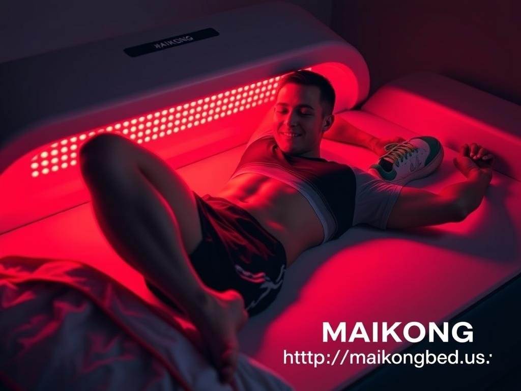 Athlete using red light therapy bed for muscle recovery