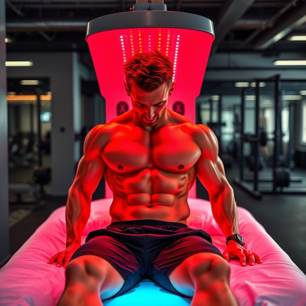 Athlete using red light therapy for muscle recovery after training