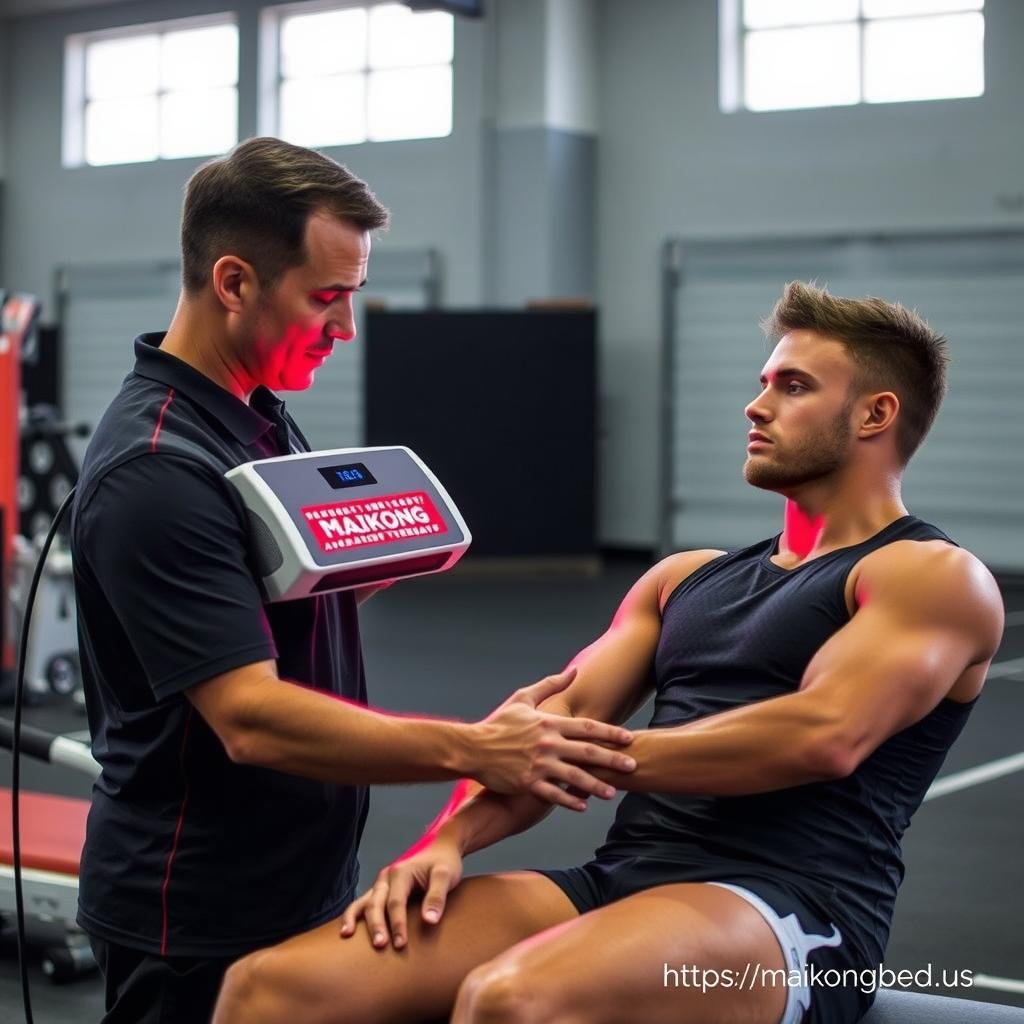 Athletic trainer using MAIKONG red light therapy with athletes