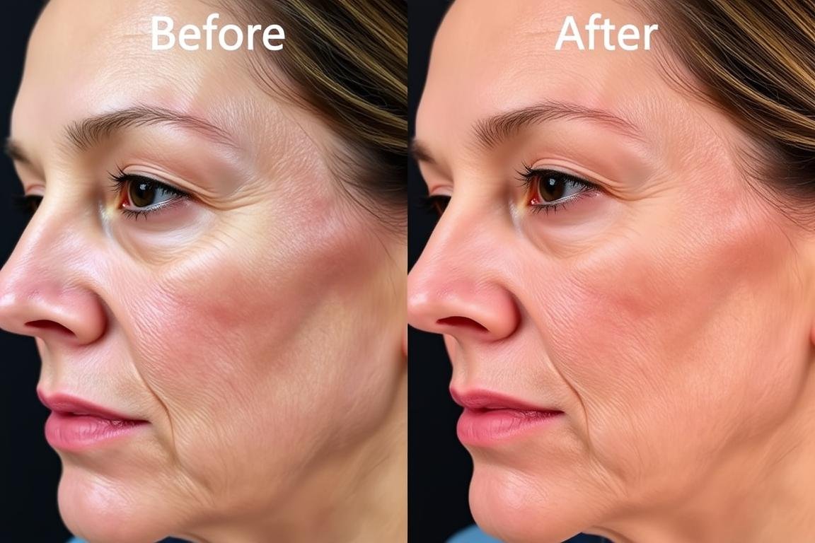 Before and after images of skin showing improvement after red light therapy