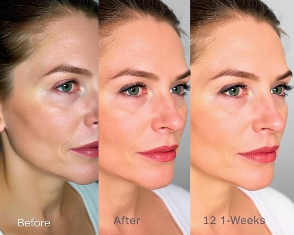 Before and after photos showing progressive results of red light therapy over time