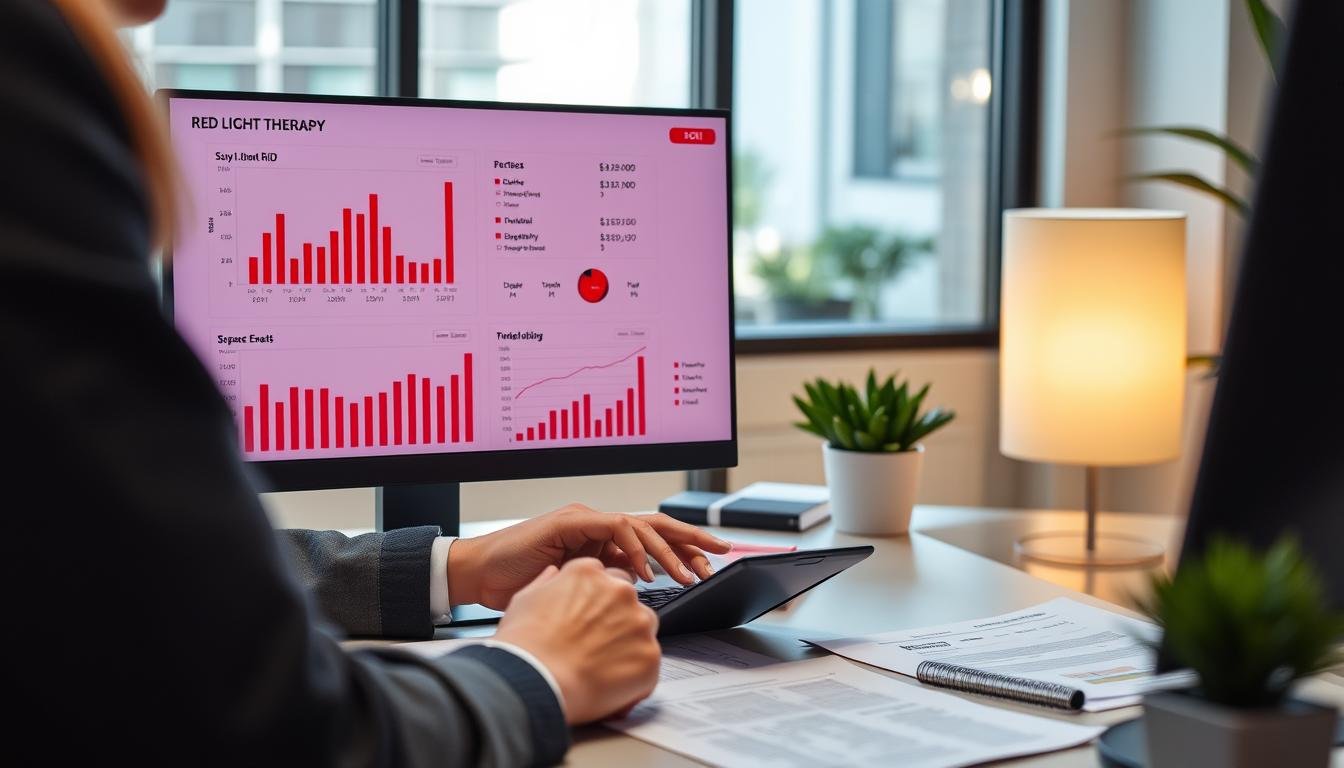 Business owner analyzing financial data related to red light therapy services