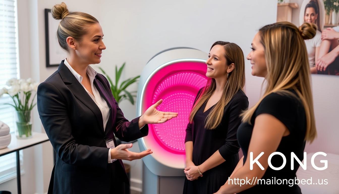 Business owner discussing MAIKONG red light therapy with clients