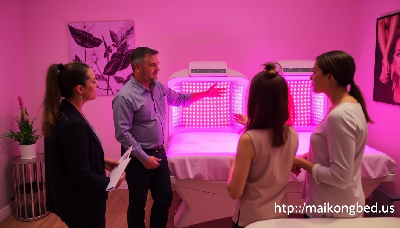Business owner training staff on red light therapy bed safety protocols