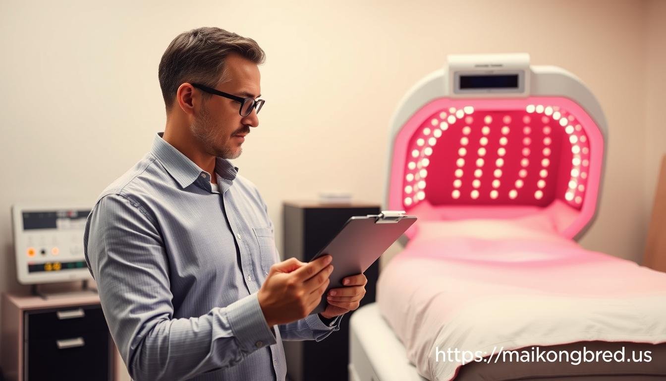 Business owner using checklist to evaluate red light therapy equipment