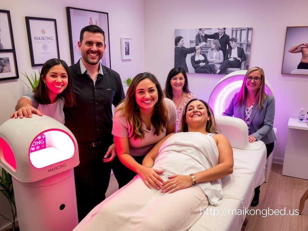 Business owner with satisfied clients using MAIKONG red light therapy