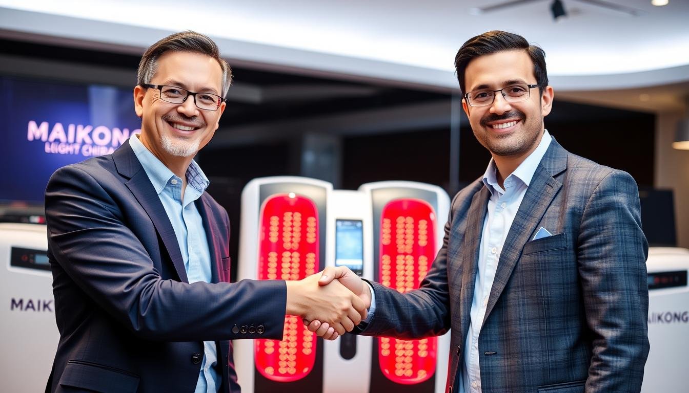 Business partners shaking hands in front of MAIKONG red light therapy equipment
