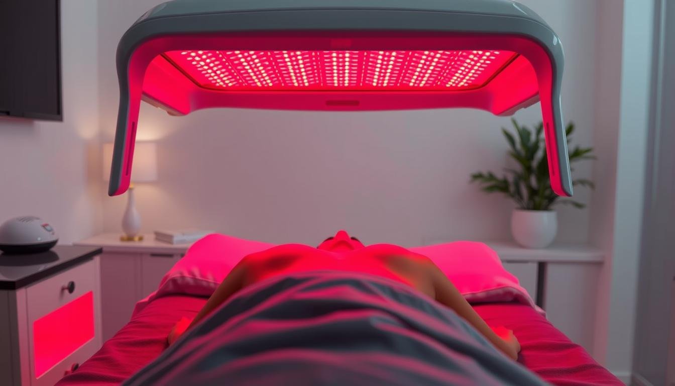 Client receiving comfortable red light therapy treatment in MAIKONG bed