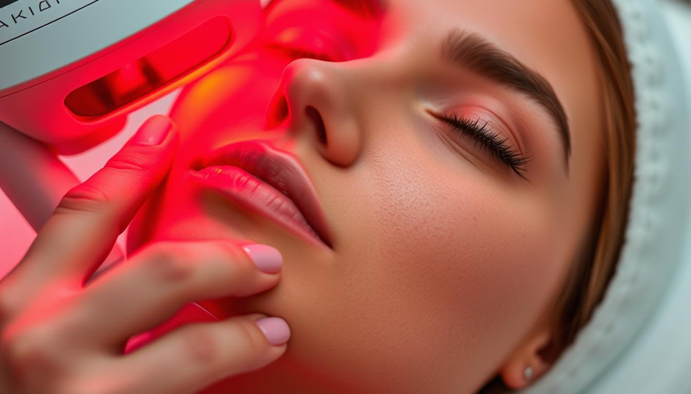 Client receiving facial red light therapy treatment with MAIKONG device