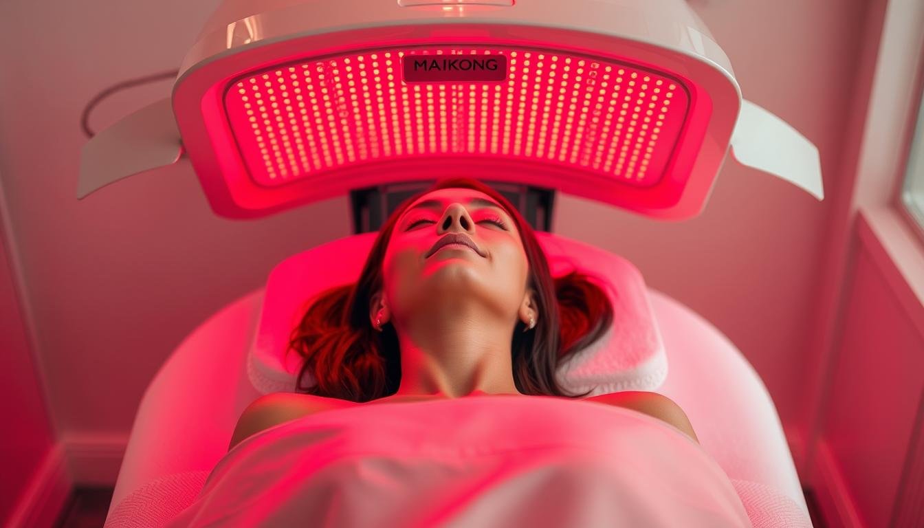 Client receiving red light therapy treatment for skin rejuvenation
