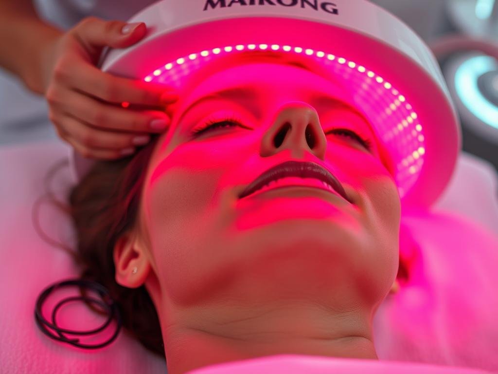 Client receiving red light therapy treatment on a MAIKONG bed