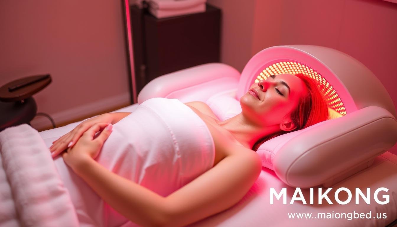Client receiving red light therapy treatment with MAIKONG system